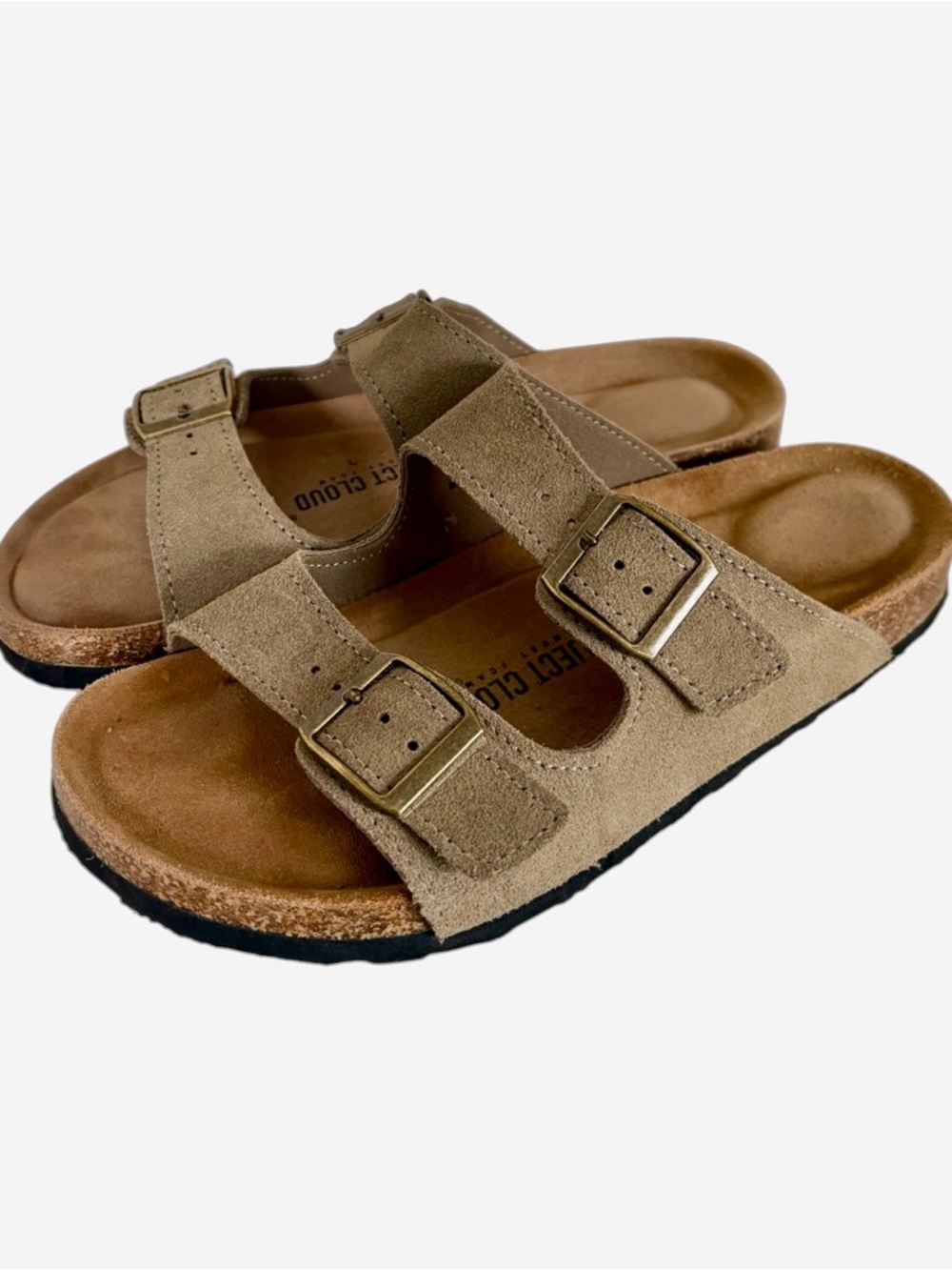 Project Cloud Leather and Suede  Double-Buckle Slide Sandals - Taupe Size 7.5